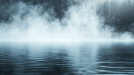 Misty calm over a serene lake surrounded by forest in early morning light