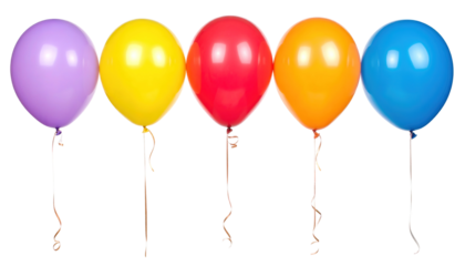 Row of colorful balloons isolated on a transparent background.