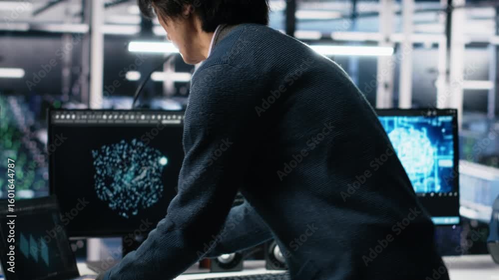 Poster technician arriving in data center office, coding with generative ai assistance. it expert sitting a