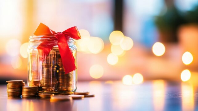 Saving coins in a jar with a bow against a softly lit background