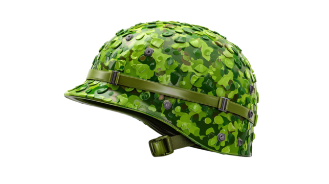 Military helmet icon in green camouflage pattern, 3D emoji - isolated on transparent background 