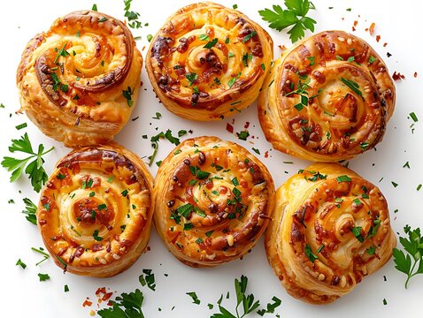 Golden puff pastry pinwheels with cheese and herbs, top-down view on a clean white background - Powered by Adobe