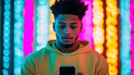 Young man using smartphone under colorful neon lights in urban setting