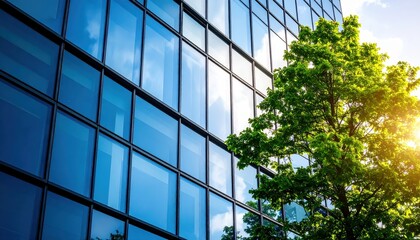 Fototapeta premium Contemporary glass office building with reflective windows and a sunlit green tree in a vibrant urban setting.