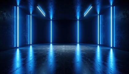 A modern, empty room illuminated by blue neon lights, reflecting on a glossy floor, creating a futuristic and sci-fi atmosphere.