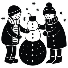  Pure black vector illustration showing one child placing a hat on the snowman's head while another shapes the snow with joy, isolated on a white background