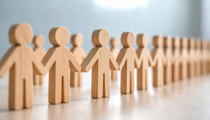 Wooden figures in a line holding hands, representing unity, teamwork, and collaboration in a minimalist setting.