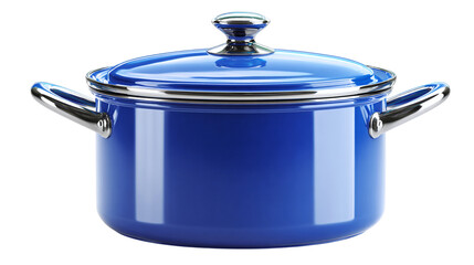 Blue lidded saucepan icon with handles, kitchen item in glossy 3D. Isolated on transparent background 