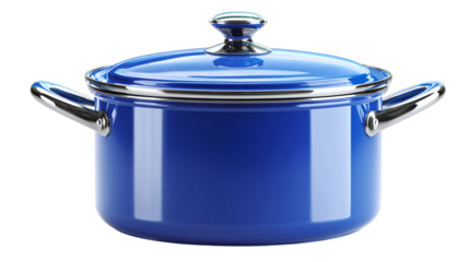 Blue lidded saucepan icon with handles, kitchen item in glossy 3D. Isolated on transparent background 