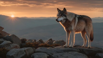 Fototapeta premium Majestic Wolf at Sunrise on Rocky Mountain Peak