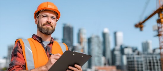 A Smiling construction middle-aged worker wearing a yellow vest standing supervisor holding clipboard at building site for Labor day concept.
