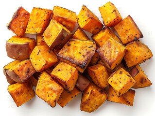A top-down view of roasted sweet potato cubes with caramelized edges, slightly crispy, arranged loosely on a white background