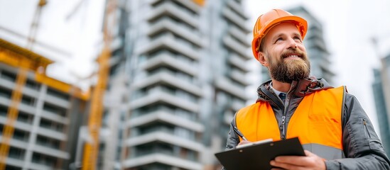 A Smiling construction middle-aged worker wearing a yellow vest standing supervisor holding clipboard at building site for Labor day concept.