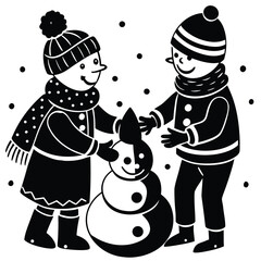  Pure black vector illustration showing one child placing a hat on the snowman's head while another shapes the snow with joy, isolated on a white background