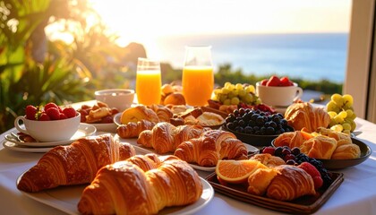 A lavish breakfast setup featuring croissants, fruits, and juice with a stunning ocean view at sunrise.