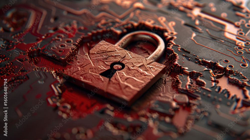 Poster digital padlock rests on textured circuit board background, symbolizing cybersecurity and data prote