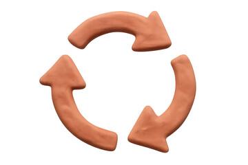 Clay arrows spinning counterclockwise against transparent backdrop, symbolizing recycling, circular economy, continuous workflow