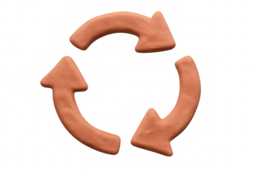 Clay arrows spinning counterclockwise against transparent backdrop, symbolizing recycling, circular economy, continuous workflow