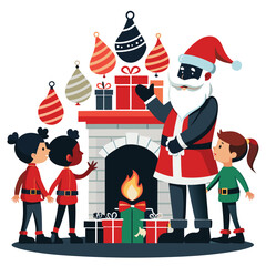 Pure black vector illustration showing Santa delivering gifts as kids watch with excitement beside a cozy chimney setting, isolated on a white background