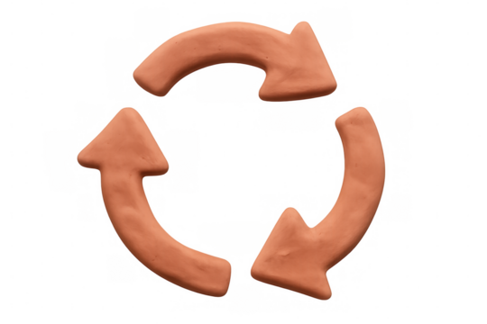 Clay arrows spinning counterclockwise against transparent backdrop, symbolizing recycling, circular economy, continuous workflow