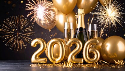 Celebrate 2026 with golden balloons, champagne, and fireworks. Perfect for New Year festivities and party themes.