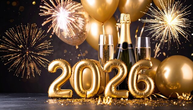 Celebrate 2026 with golden balloons, champagne, and fireworks. Perfect for New Year festivities and party themes.