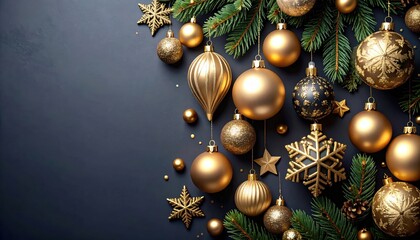 Luxurious gold Christmas ornaments and pine branches on a dark background, perfect for festive holiday themes.