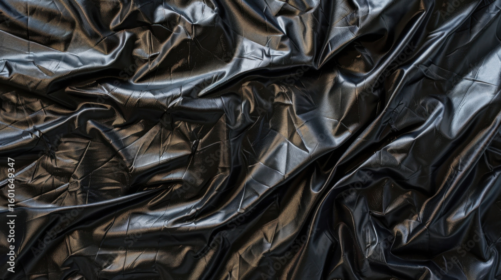 Poster crinkled black plastic sheet with shiny surface, creating intriguing texture and depth. folds and cr