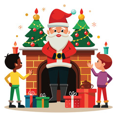 Pure black vector illustration showing Santa delivering gifts as kids watch with excitement beside a cozy chimney setting, isolated on a white background