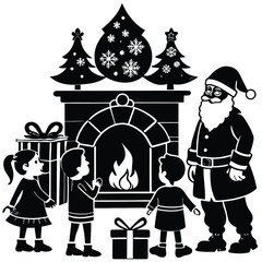 Pure black vector illustration showing Santa delivering gifts as kids watch with excitement beside a cozy chimney setting, isolated on a white background