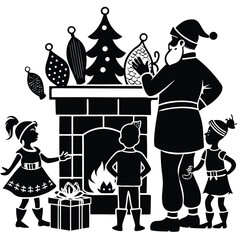 Pure black vector illustration showing Santa delivering gifts as kids watch with excitement beside a cozy chimney setting, isolated on a white background