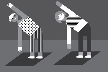 Elderly couple stretching together on yoga mats, engaging in fitness routine, flat illustration showcasing healthy lifestyle and exercise preparation