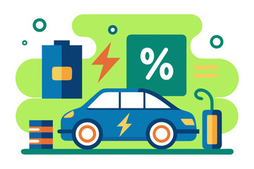 Electric car battery icon with charging percentage, infographic vector style, featuring vibrant colors and dynamic elements, illustrating renewable energy concepts and modern transportation solutions