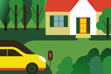 Electric car charging at home wall station in cozy vector illustration, featuring green yard, house with red roof, and lush trees creating a serene environment