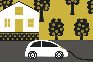 Electric car charging at home wall station, surrounded by green yard and cozy house, showcasing modern lifestyle and sustainable energy in vibrant vector illustration