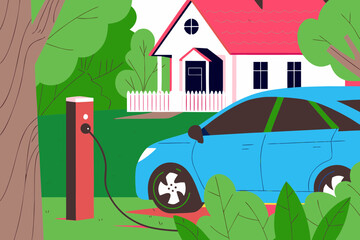 Electric car charging at home wall station in a vibrant green yard with a cozy house in the background, showcasing modern eco-friendly living and sustainable energy solutions
