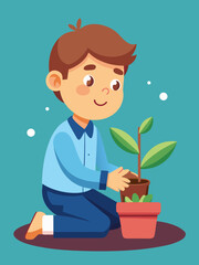 Child planting a small tree in a pot, wearing a blue shirt and smiling, with bright colors, promoting environmental awareness and sustainability