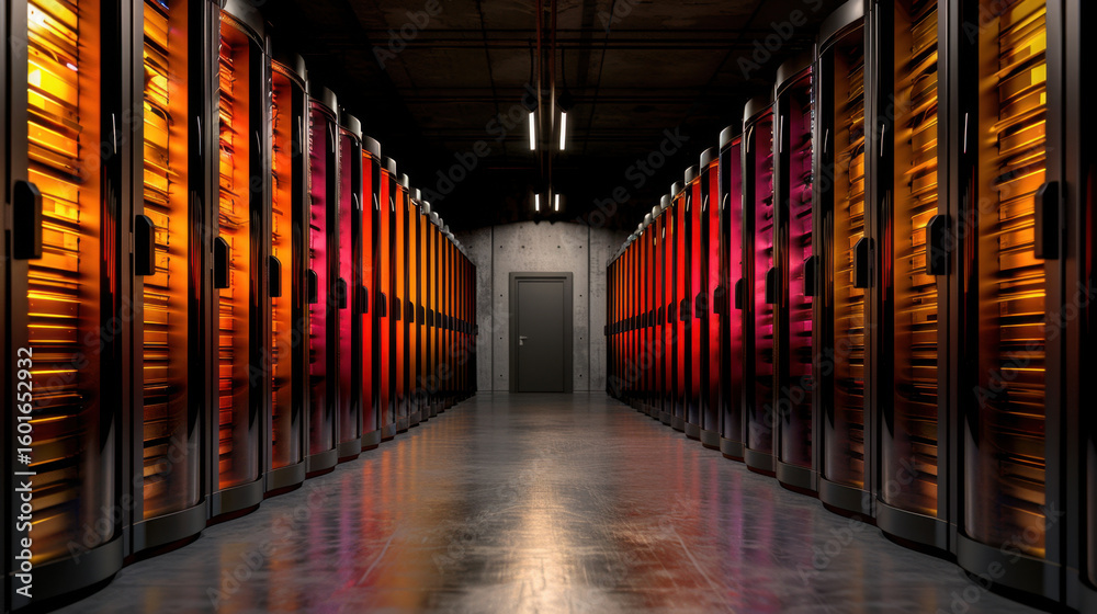 Poster modern data center featuring rows of illuminated server racks vibrant colors, creating striking visu