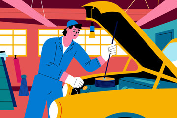 Mechanic in blue overalls repairs engine under open hood in vibrant garage, showcasing tools and equipment in flat vector illustration style with copy space