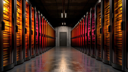 Modern data center featuring rows of illuminated server racks vibrant colors, creating striking visual effect. atmosphere is high tech and dynamic, showcasing advanced technology secure