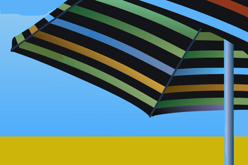 Colorful striped beach umbrella in flat design, side view, showcasing vibrant hues against a bright sky and sandy beach, perfect for summer relaxation and outdoor enjoyment