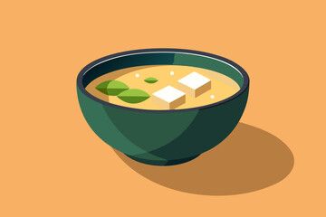 Bowl of miso soup featuring tofu and green leaves, minimalist vector illustration with soft shadows, showcasing simplicity and warmth in culinary design