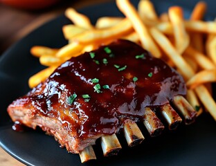 pork ribs with sauce, served with french fries on a black plate