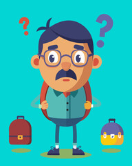 Cartoon illustration of a confused dad comparing prices on backpacks, surrounded by two different styles, expressing uncertainty in a vibrant and engaging scene with copy space