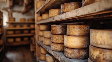 Rustic cheese storage shelves showcasing artisan cheese production process