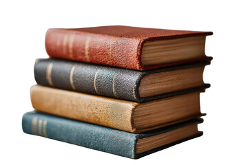 Stack of old vintage hardcover books in warm color tones for reading lovers, isolated on transparent background