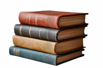Stack of old vintage hardcover books in warm color tones for reading lovers, isolated on transparent background