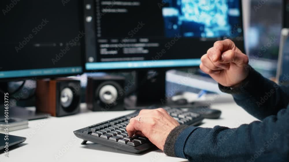 Poster admin in high tech data center coding with machine learning generative ai assistant. worker using ar
