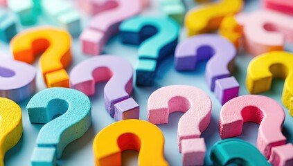 Close-up of many colorful question marks