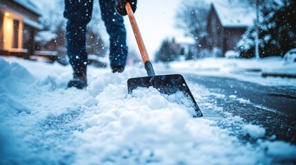 Man shoveling snow driveway winter suburban snowfall